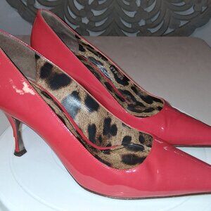 Dolce Gabbana Red Patent Leather Heels Pumps 7.5/38 Italy Leopard Insole